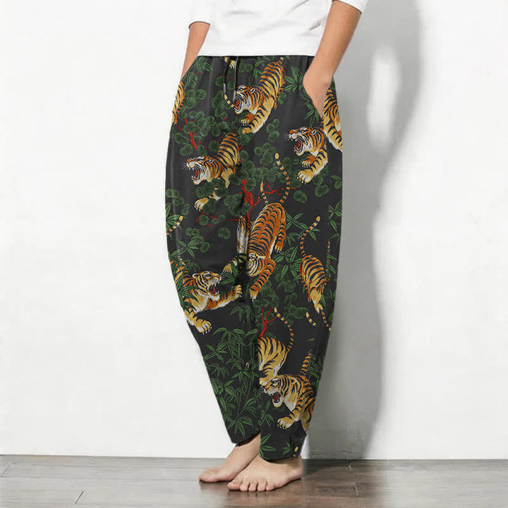 Buddha Stones Herrenhose aus reiner Baumwolle mit Tiger- und Bambusblattmuster, Kordelzug, schmal zulaufendem Schnitt und Taschen - image 1