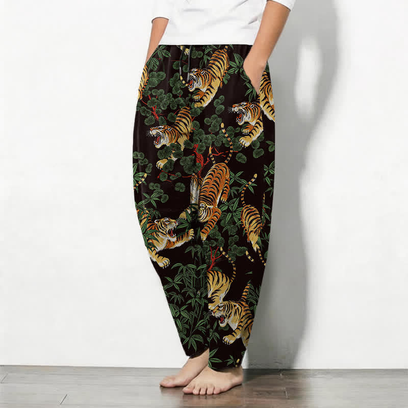 Buddha Stones Herrenhose aus reiner Baumwolle mit Tiger- und Bambusblattmuster, Kordelzug, schmal zulaufendem Schnitt und Taschen - image 8