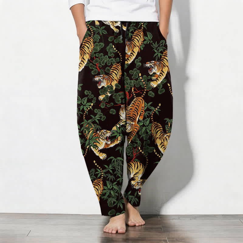 Buddha Stones Herrenhose aus reiner Baumwolle mit Tiger- und Bambusblattmuster, Kordelzug, schmal zulaufendem Schnitt und Taschen - Sattelbraun - US/ UK/AU50, EU60 (5XL) - image 7