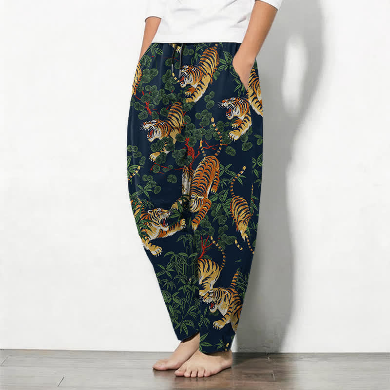 Buddha Stones Herrenhose aus reiner Baumwolle mit Tiger- und Bambusblattmuster, Kordelzug, schmal zulaufendem Schnitt und Taschen - image 12