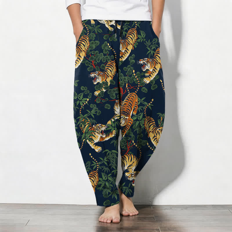 Buddha Stones Herrenhose aus reiner Baumwolle mit Tiger- und Bambusblattmuster, Kordelzug, schmal zulaufendem Schnitt und Taschen - Marine - US/ UK/AU50, EU60 (5XL) - image 11