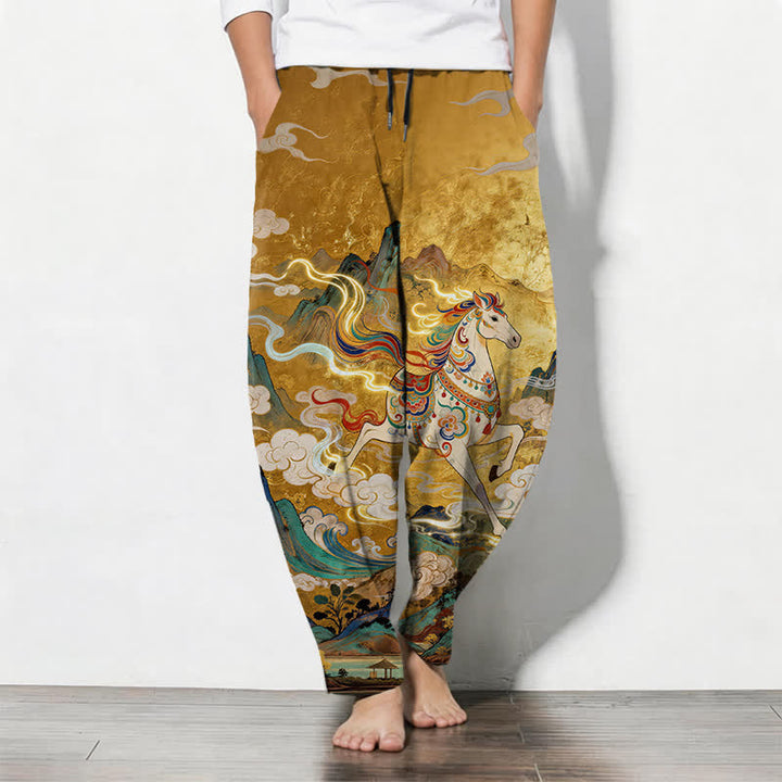 Buddha Stones Herrenhose aus reiner Baumwolle mit Kordelzug, schmal zulaufendem Bein und Taschen, Muster: Weißes Pferd im Galoppmuster - Goldrute - US/ UK/AU50, EU60 (5XL) - image 0