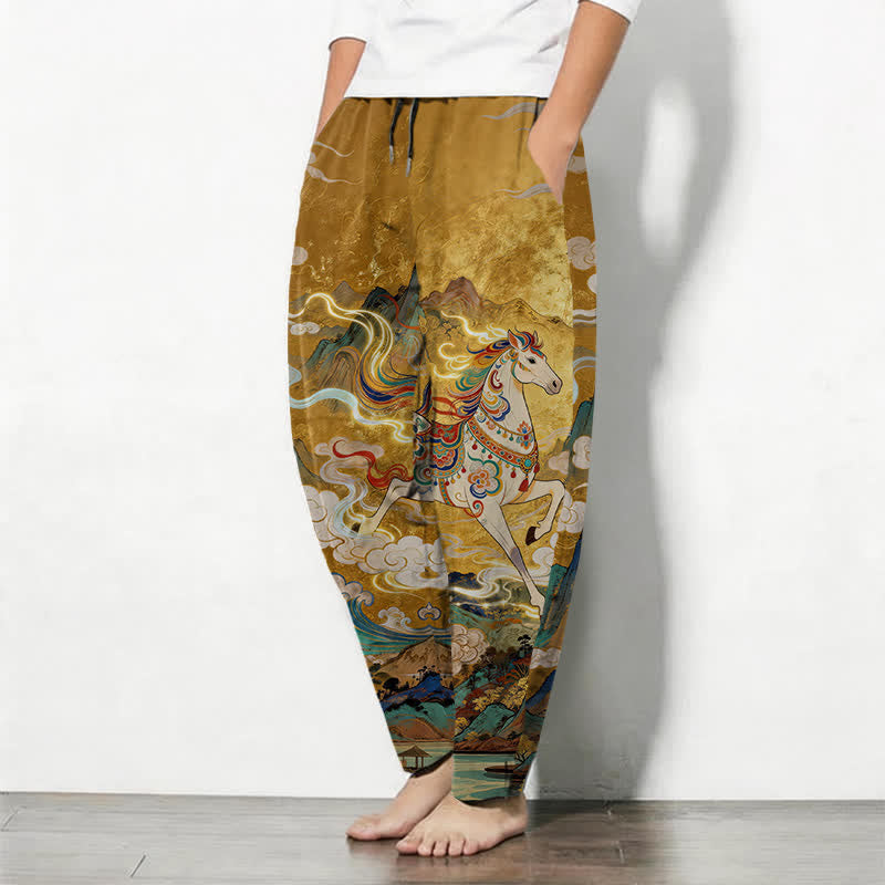Buddha Stones Herrenhose aus reiner Baumwolle mit Kordelzug, schmal zulaufendem Bein und Taschen, Muster: Weißes Pferd im Galoppmuster - image 1