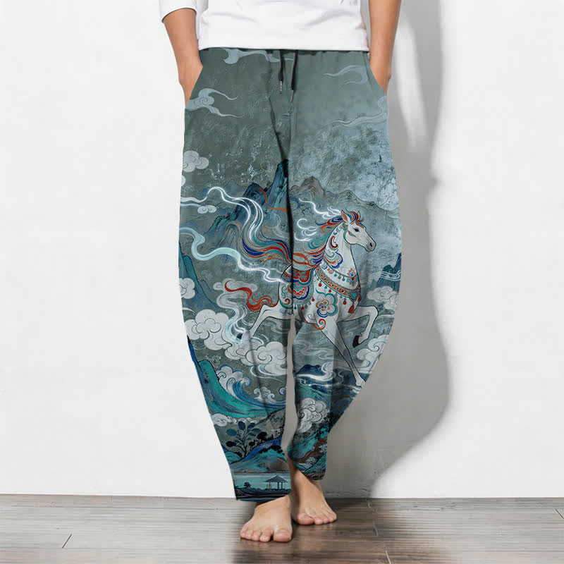 Buddha Stones Herrenhose aus reiner Baumwolle mit Kordelzug, schmal zulaufendem Bein und Taschen, Muster: Weißes Pferd im Galoppmuster - Kadettenblau - US/ UK/AU50, EU60 (5XL) - image 7