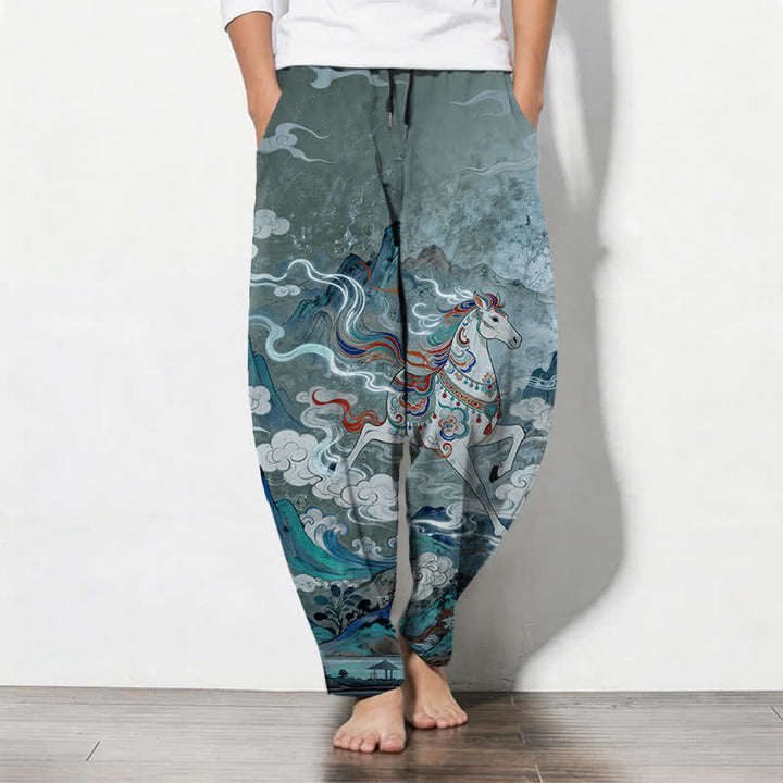 Buddha Stones Herrenhose aus reiner Baumwolle mit Kordelzug, schmal zulaufendem Bein und Taschen, Muster: Weißes Pferd im Galoppmuster - Kadettenblau - US/ UK/AU50, EU60 (5XL) - image 7