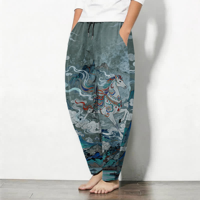 Buddha Stones Herrenhose aus reiner Baumwolle mit Kordelzug, schmal zulaufendem Bein und Taschen, Muster: Weißes Pferd im Galoppmuster - image 8