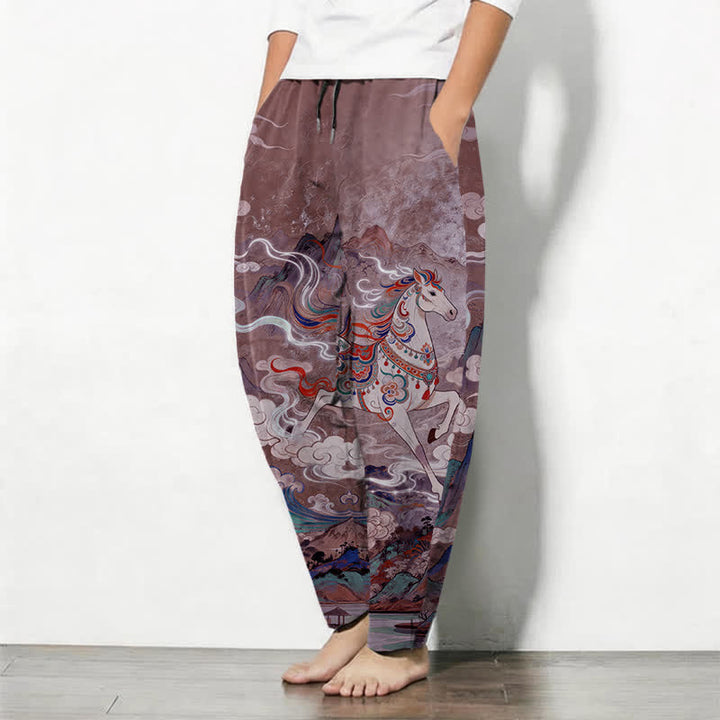 Buddha Stones Herrenhose aus reiner Baumwolle mit Kordelzug, schmal zulaufendem Bein und Taschen, Muster: Weißes Pferd im Galoppmuster - image 12