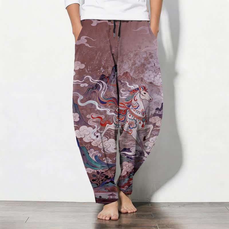 Buddha Stones Herrenhose aus reiner Baumwolle mit Kordelzug, schmal zulaufendem Bein und Taschen, Muster: Weißes Pferd im Galoppmuster - Pflaume - US/ UK/AU50, EU60 (5XL) - image 11