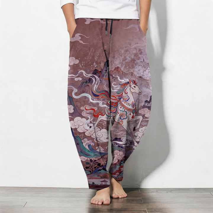 Buddha Stones Herrenhose aus reiner Baumwolle mit Kordelzug, schmal zulaufendem Bein und Taschen, Muster: Weißes Pferd im Galoppmuster - Pflaume - US/ UK/AU50, EU60 (5XL) - image 11