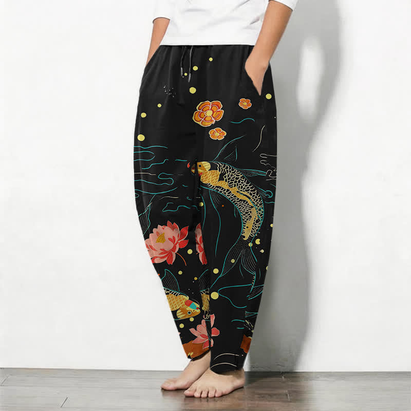 Buddha Stones Herrenhose aus reiner Baumwolle mit goldenem Koi-Lotus-Wellenmuster, Kordelzug und Taschen - image 1