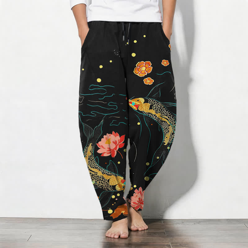 Buddha Stones Herrenhose aus reiner Baumwolle mit goldenem Koi-Lotus-Wellenmuster, Kordelzug und Taschen - Schwarz - US/ UK/AU50, EU60 (5XL) - image 0