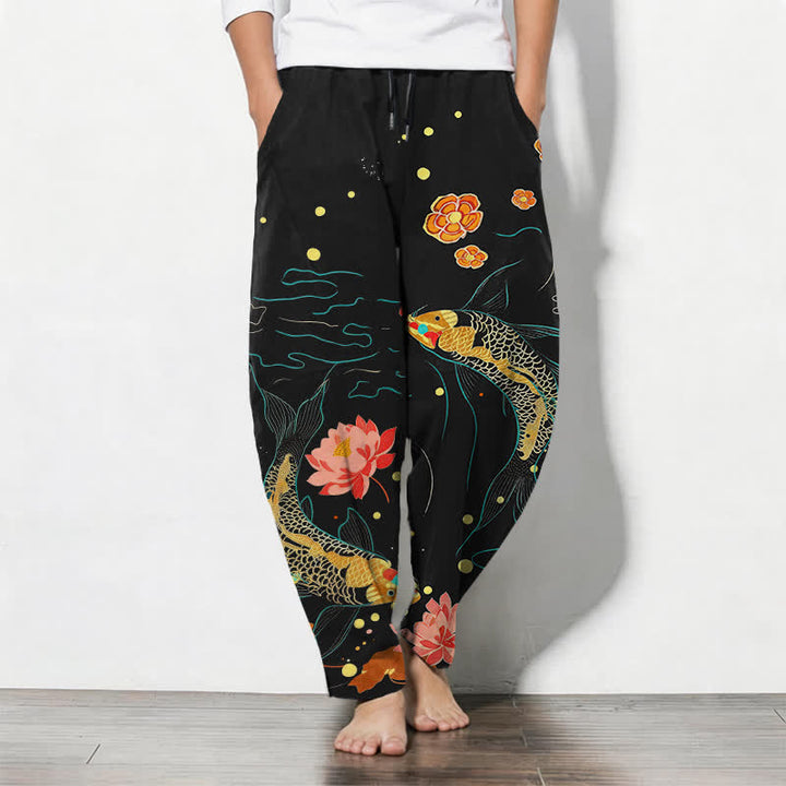 Buddha Stones Herrenhose aus reiner Baumwolle mit goldenem Koi-Lotus-Wellenmuster, Kordelzug und Taschen - Schwarz - US/ UK/AU50, EU60 (5XL) - image 0