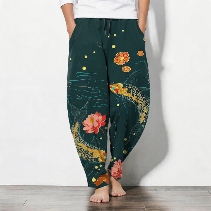 Buddha Stones Herrenhose aus reiner Baumwolle mit goldenem Koi-Lotus-Wellenmuster, Kordelzug und Taschen - Türkis - US/ UK/AU50, EU60 (5XL) - image 7