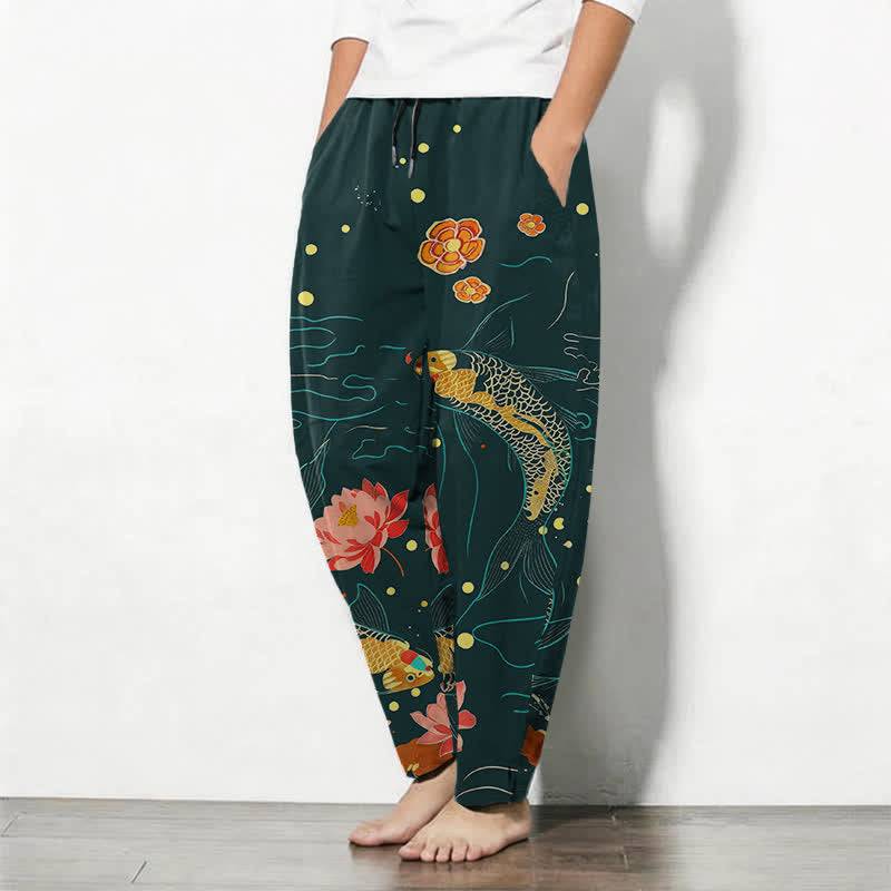 Buddha Stones Herrenhose aus reiner Baumwolle mit goldenem Koi-Lotus-Wellenmuster, Kordelzug und Taschen - image 8