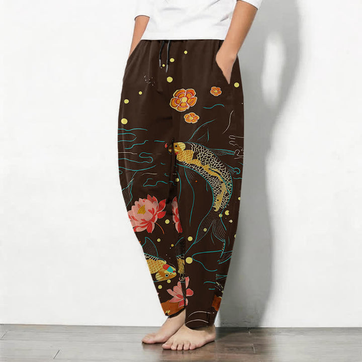 Buddha Stones Herrenhose aus reiner Baumwolle mit goldenem Koi-Lotus-Wellenmuster, Kordelzug und Taschen - image 12