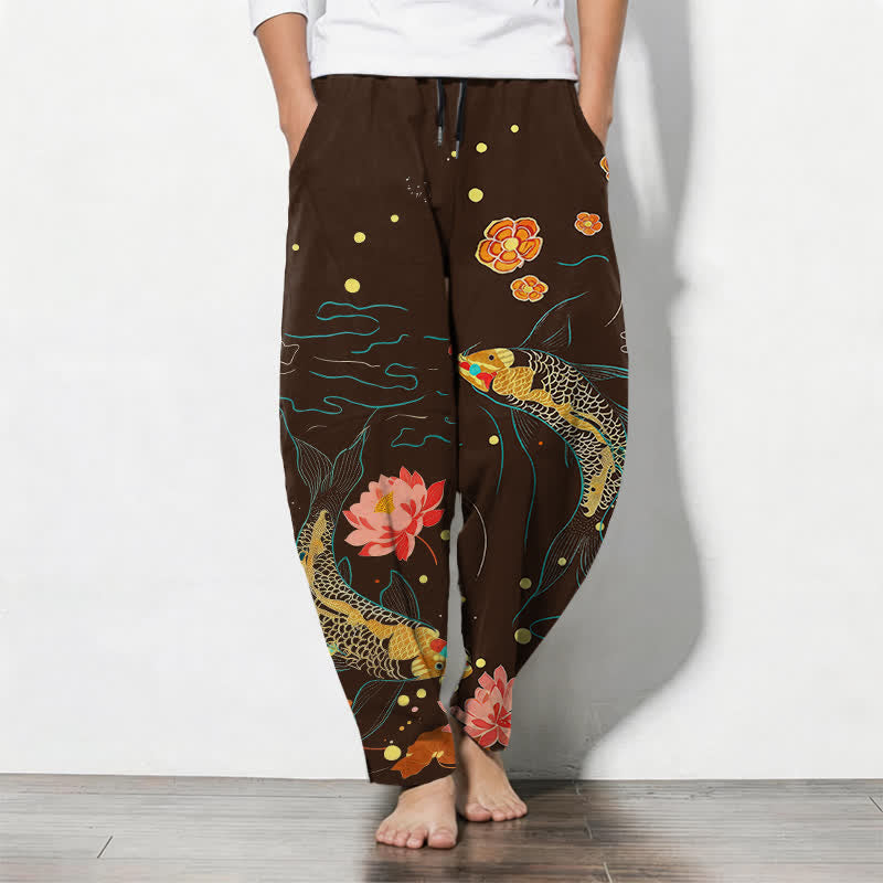 Buddha Stones Herrenhose aus reiner Baumwolle mit goldenem Koi-Lotus-Wellenmuster, Kordelzug und Taschen - Sattelbraun - US/ UK/AU50, EU60 (5XL) - image 11