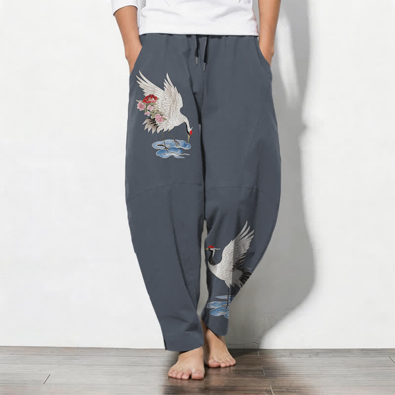 Buddha Stones Herrenhose aus reiner Baumwolle mit rotem Kronenkranichmuster, Kordelzug, schmal zulaufendem Bein und Taschen - SteelBlue - US/ UK/AU50, EU60 (5XL) - image 0