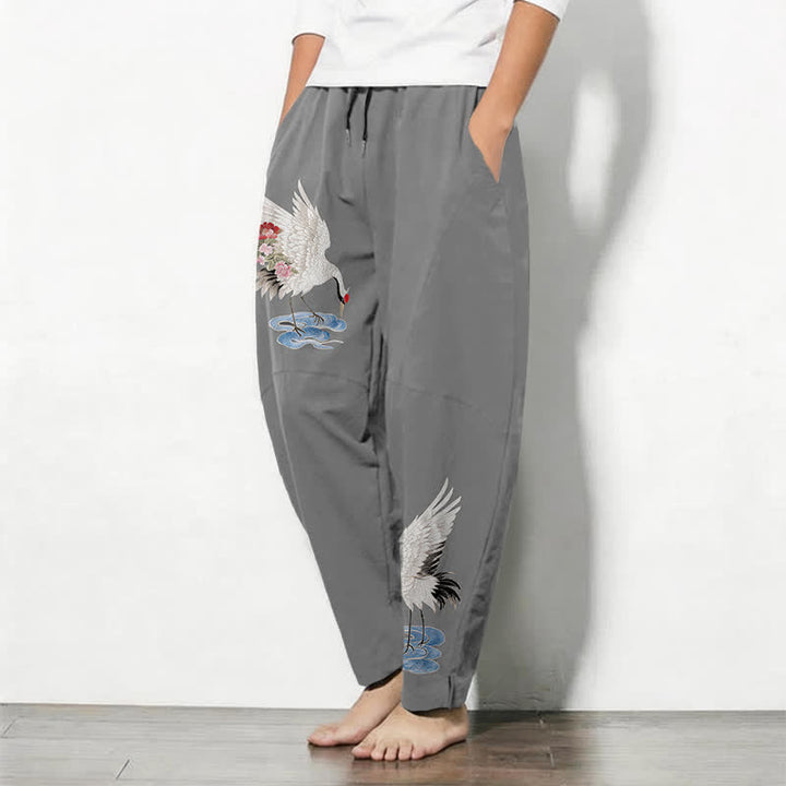 Buddha Stones Herrenhose aus reiner Baumwolle mit rotem Kronenkranichmuster, Kordelzug, schmal zulaufendem Bein und Taschen - image 8