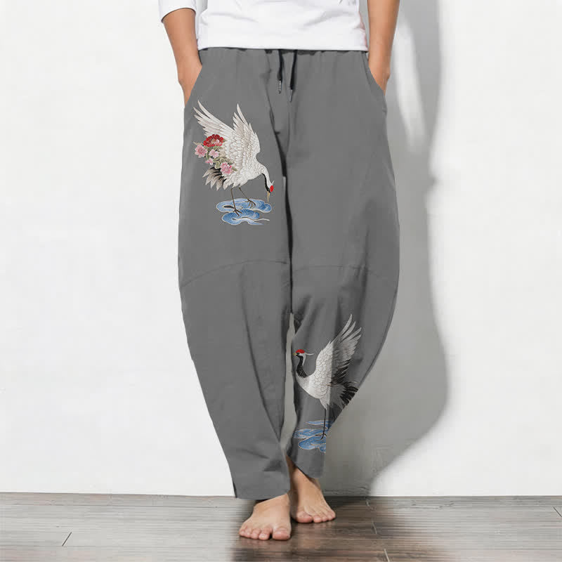 Buddha Stones Herrenhose aus reiner Baumwolle mit rotem Kronenkranichmuster, Kordelzug, schmal zulaufendem Bein und Taschen - Grau - US/ UK/AU50, EU60 (5XL) - image 7