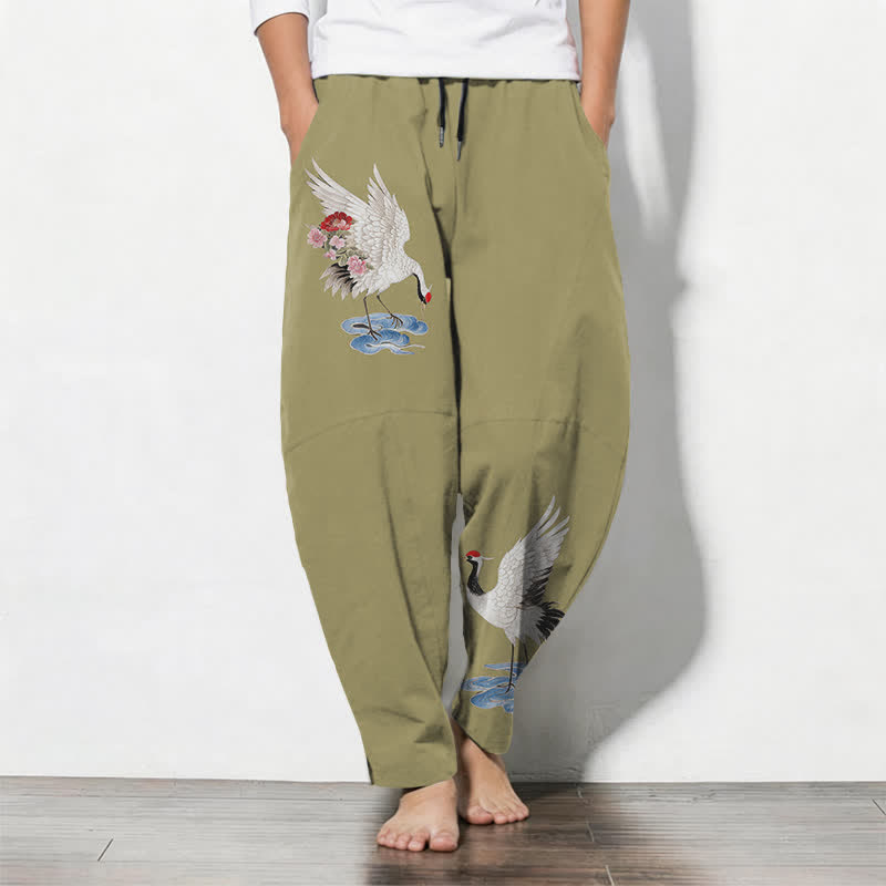 Buddha Stones Herrenhose aus reiner Baumwolle mit rotem Kronenkranichmuster, Kordelzug, schmal zulaufendem Bein und Taschen - Olive - US/ UK/AU50, EU60 (5XL) - image 11