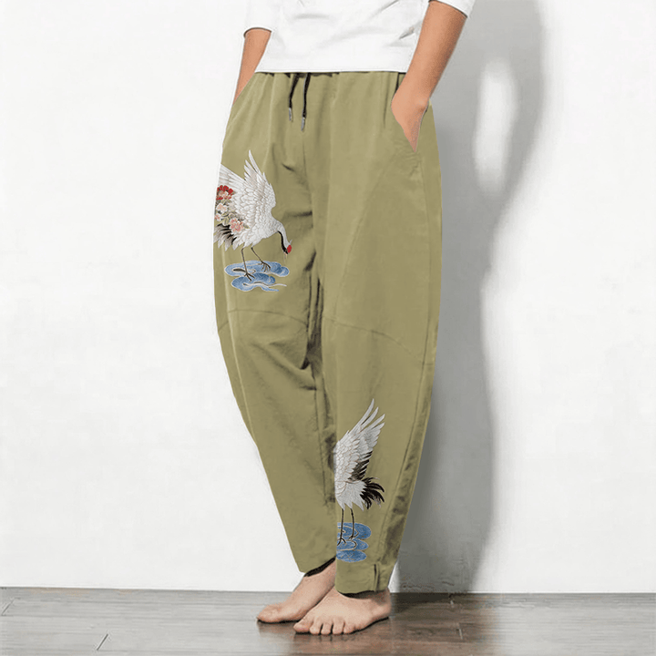 Buddha Stones Herrenhose aus reiner Baumwolle mit rotem Kronenkranichmuster, Kordelzug, schmal zulaufendem Bein und Taschen - image 12