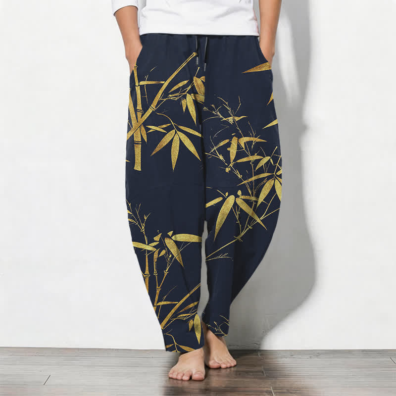 Buddha Stones Herrenhose aus reiner Baumwolle mit goldenem Bambusmuster, Kordelzug, schmal zulaufendem Schnitt und Taschen - Marine - US/ UK/AU50, EU60 (5XL) - image 0