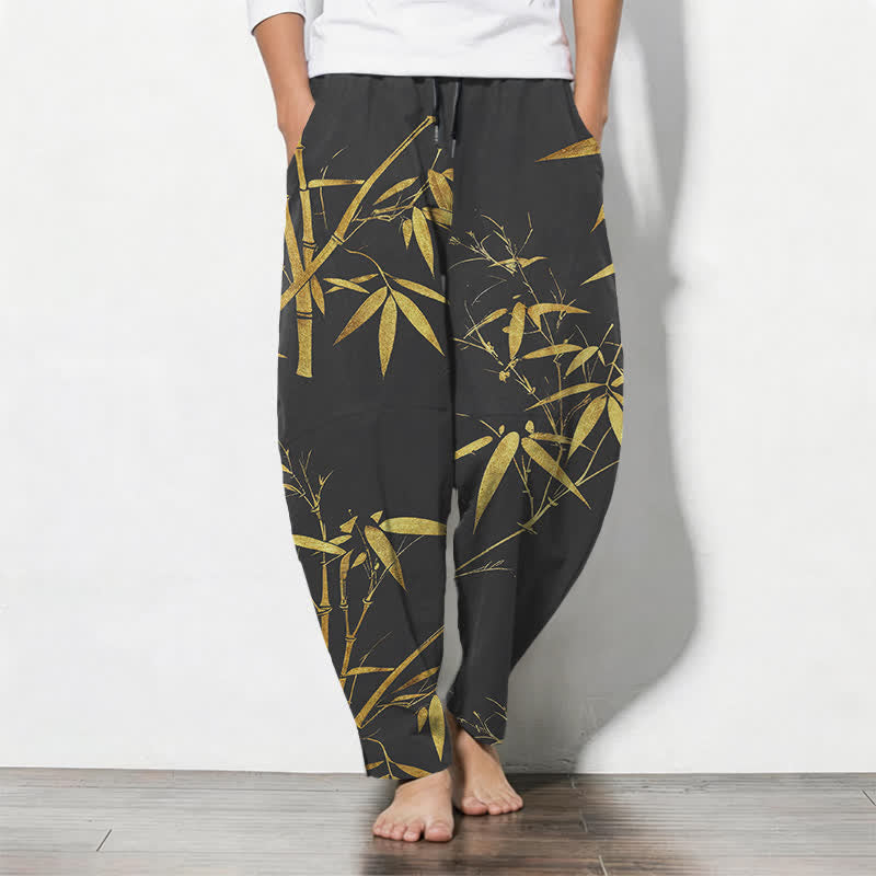 Buddha Stones Herrenhose aus reiner Baumwolle mit goldenem Bambusmuster, Kordelzug, schmal zulaufendem Schnitt und Taschen - Schwarz - US/ UK/AU50, EU60 (5XL) - image 7