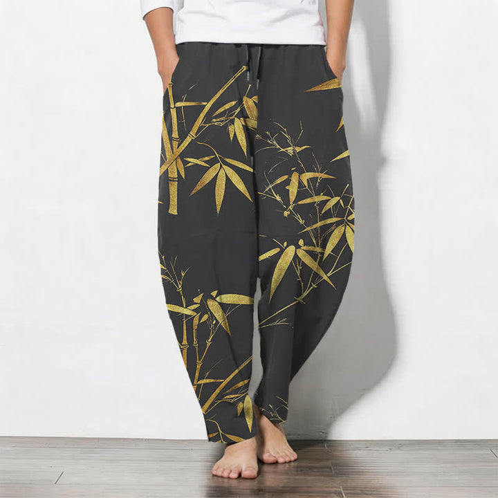 Buddha Stones Herrenhose aus reiner Baumwolle mit goldenem Bambusmuster, Kordelzug, schmal zulaufendem Schnitt und Taschen - Schwarz - US/ UK/AU50, EU60 (5XL) - image 7