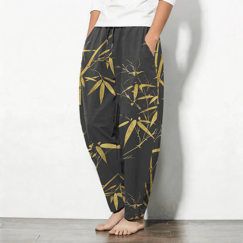 Buddha Stones Herrenhose aus reiner Baumwolle mit goldenem Bambusmuster, Kordelzug, schmal zulaufendem Schnitt und Taschen - image 8