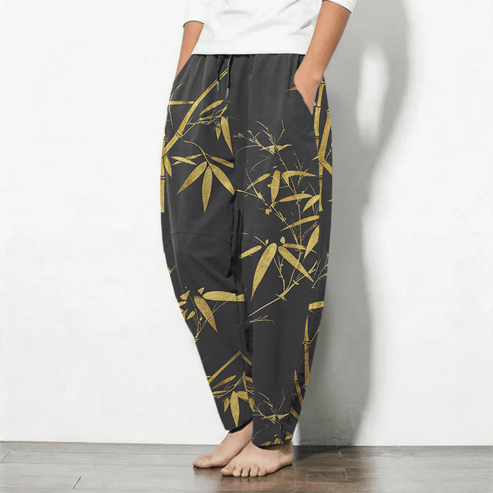 Buddha Stones Herrenhose aus reiner Baumwolle mit goldenem Bambusmuster, Kordelzug, schmal zulaufendem Schnitt und Taschen - image 8