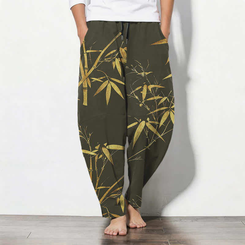 Buddha Stones Herrenhose aus reiner Baumwolle mit goldenem Bambusmuster, Kordelzug, schmal zulaufendem Schnitt und Taschen - Dunkelolivgrün - US/ UK/AU50, EU60 (5XL) - image 11