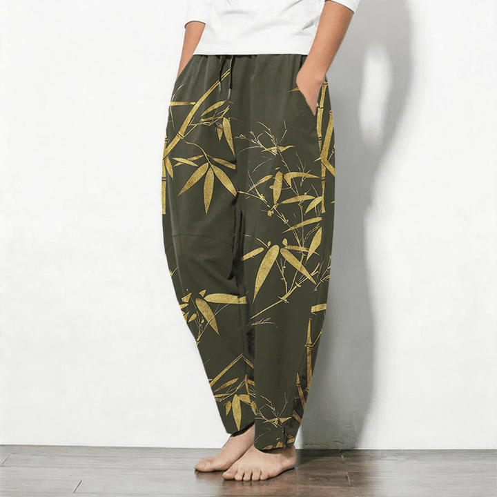 Buddha Stones Herrenhose aus reiner Baumwolle mit goldenem Bambusmuster, Kordelzug, schmal zulaufendem Schnitt und Taschen - image 12