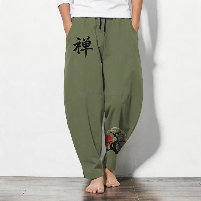 Buddha Stones Herrenhose aus reiner Baumwolle mit Zen-Bonsai-Sonnenuntergangsmuster, Kordelzug, schmal zulaufendem Bein und Taschen - Olivgrün - US/ UK/AU50, EU60 (5XL) - image 7