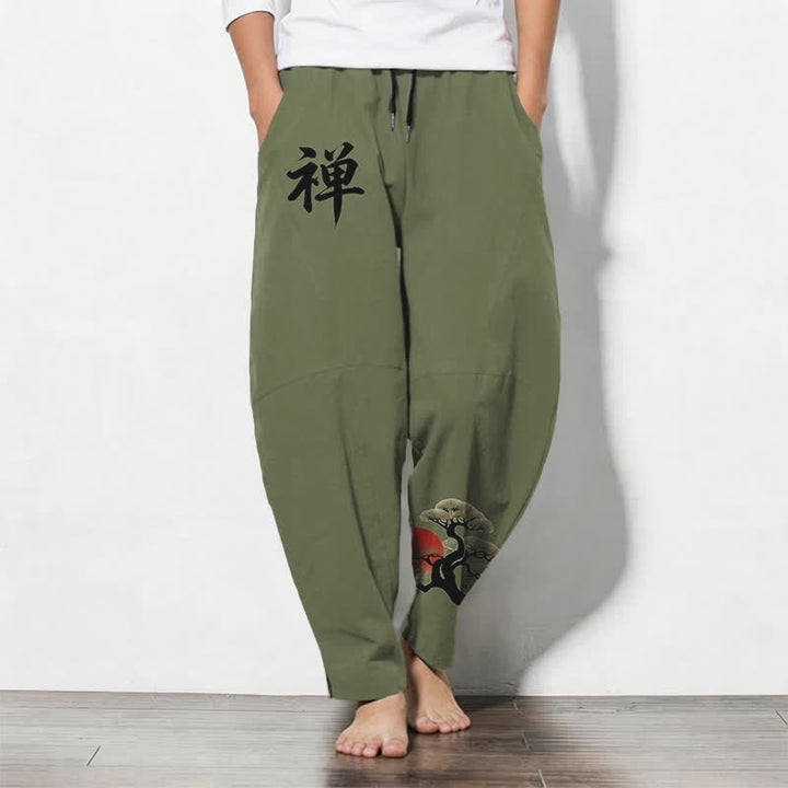 Buddha Stones Herrenhose aus reiner Baumwolle mit Zen-Bonsai-Sonnenuntergangsmuster, Kordelzug, schmal zulaufendem Bein und Taschen - Olivgrün - US/ UK/AU50, EU60 (5XL) - image 7