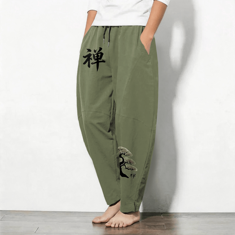 Buddha Stones Herrenhose aus reiner Baumwolle mit Zen-Bonsai-Sonnenuntergangsmuster, Kordelzug, schmal zulaufendem Bein und Taschen - image 8