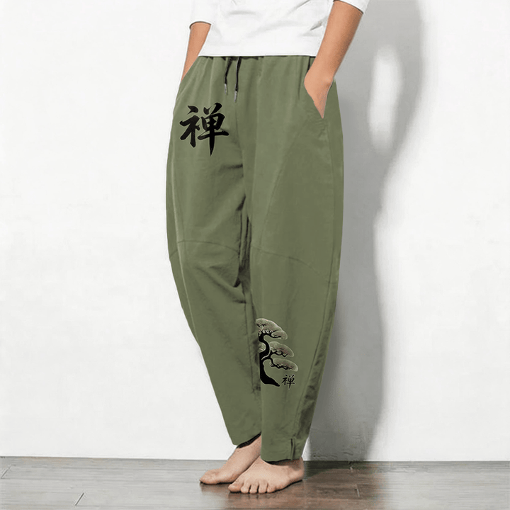 Buddha Stones Herrenhose aus reiner Baumwolle mit Zen-Bonsai-Sonnenuntergangsmuster, Kordelzug, schmal zulaufendem Bein und Taschen - image 8