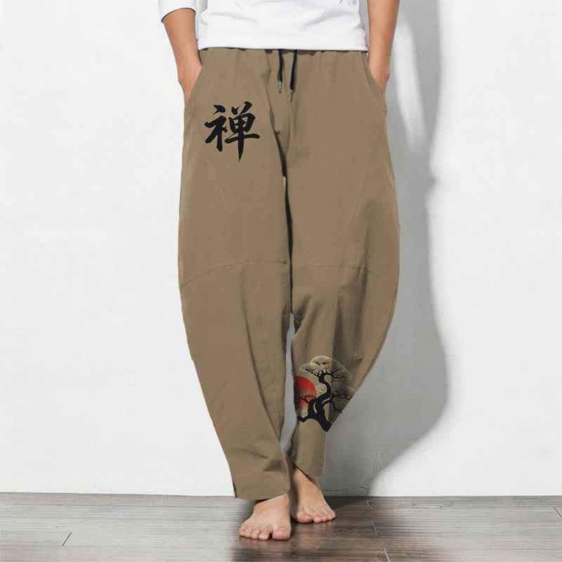 Buddha Stones Herrenhose aus reiner Baumwolle mit Zen-Bonsai-Sonnenuntergangsmuster, Kordelzug, schmal zulaufendem Bein und Taschen - Bräunen - US/ UK/AU50, EU60 (5XL) - image 11