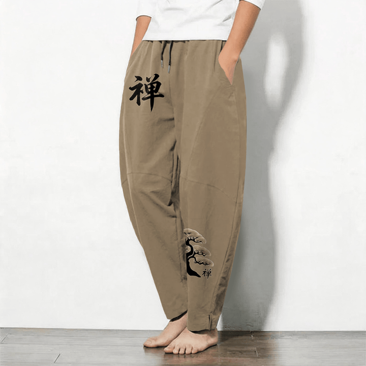 Buddha Stones Herrenhose aus reiner Baumwolle mit Zen-Bonsai-Sonnenuntergangsmuster, Kordelzug, schmal zulaufendem Bein und Taschen - image 12