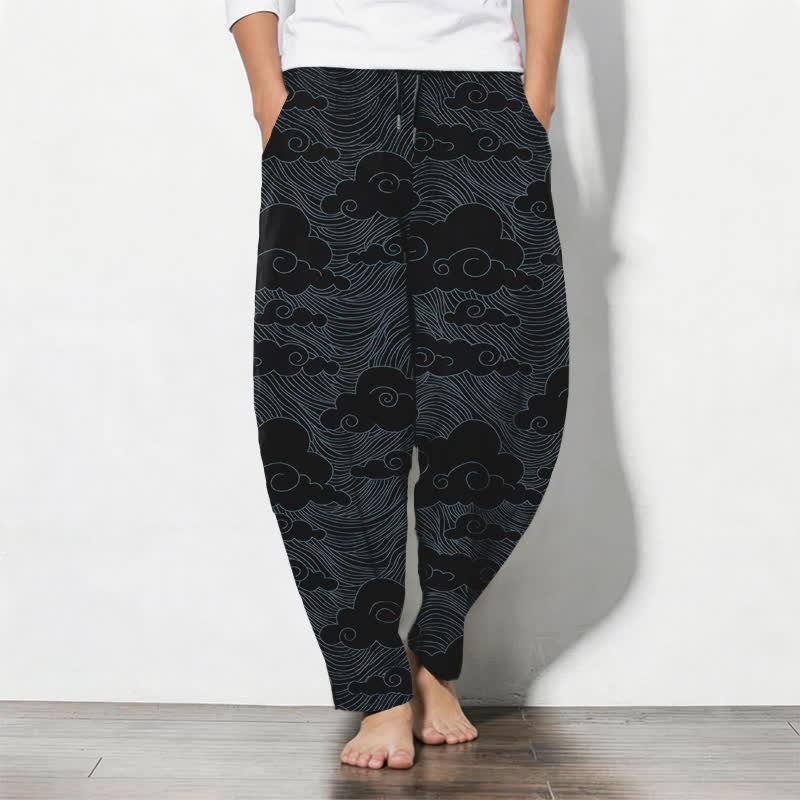 Buddha Stones Herrenhose aus reiner Baumwolle mit japanischem Wolkenwellenmuster, Kordelzug, schmal zulaufendem Schnitt und Taschen - Schwarz - US/ UK/AU50, EU60 (5XL) - image 0