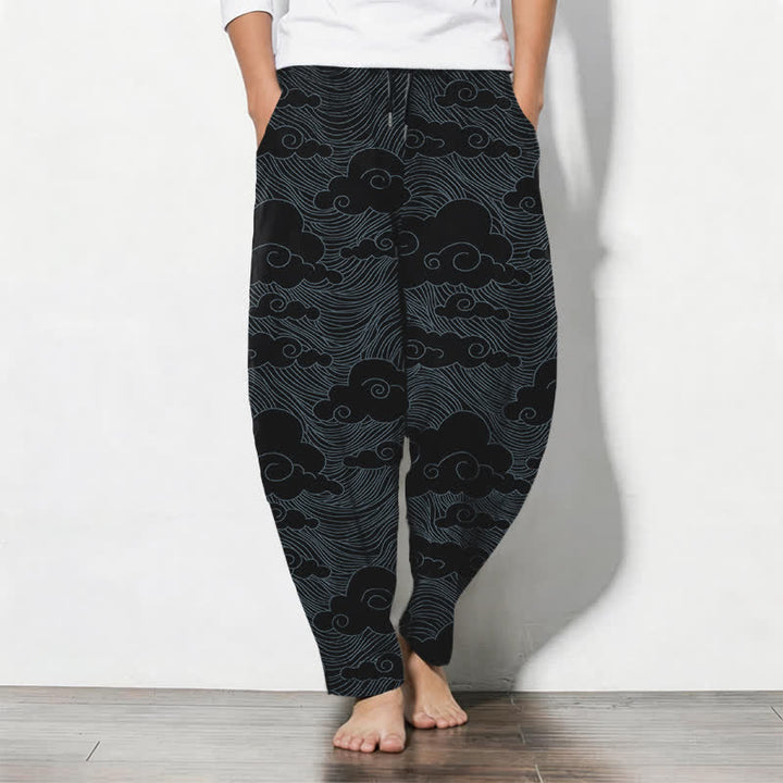 Buddha Stones Herrenhose aus reiner Baumwolle mit japanischem Wolkenwellenmuster, Kordelzug, schmal zulaufendem Schnitt und Taschen - Schwarz - US/ UK/AU50, EU60 (5XL) - image 0