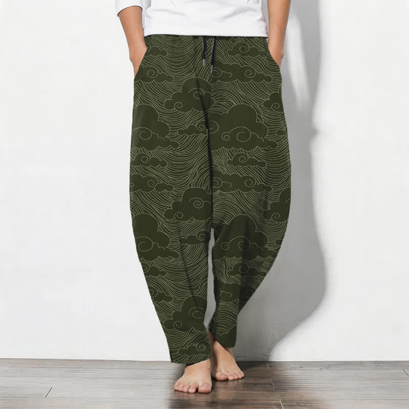 Buddha Stones Herrenhose aus reiner Baumwolle mit japanischem Wolkenwellenmuster, Kordelzug, schmal zulaufendem Schnitt und Taschen - Dunkelolivgrün - US/ UK/AU50, EU60 (5XL) - image 7
