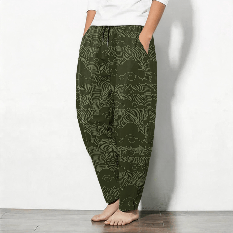 Buddha Stones Herrenhose aus reiner Baumwolle mit japanischem Wolkenwellenmuster, Kordelzug, schmal zulaufendem Schnitt und Taschen - image 8