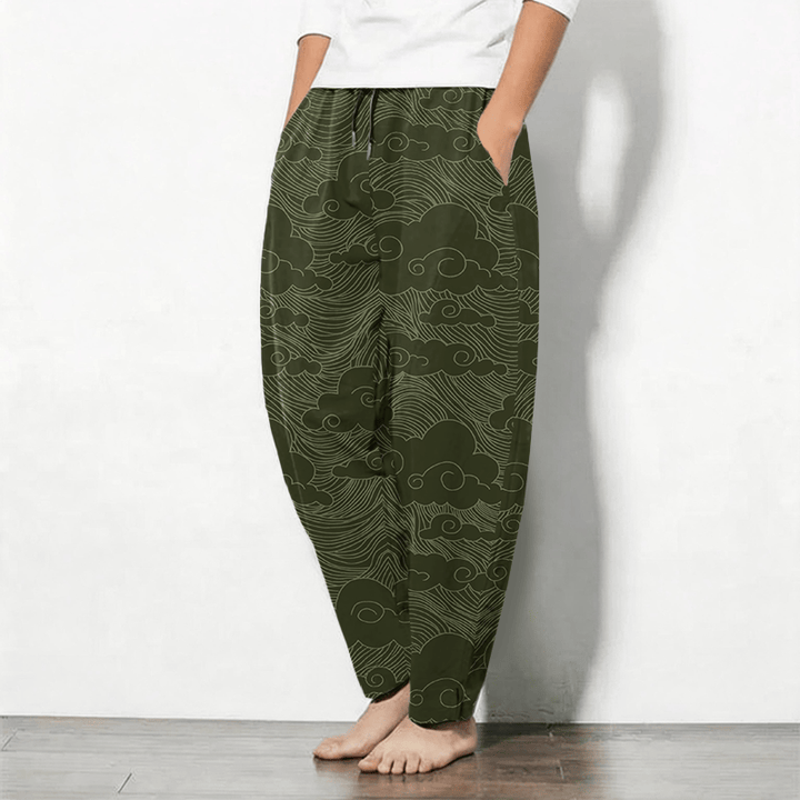 Buddha Stones Herrenhose aus reiner Baumwolle mit japanischem Wolkenwellenmuster, Kordelzug, schmal zulaufendem Schnitt und Taschen - image 8