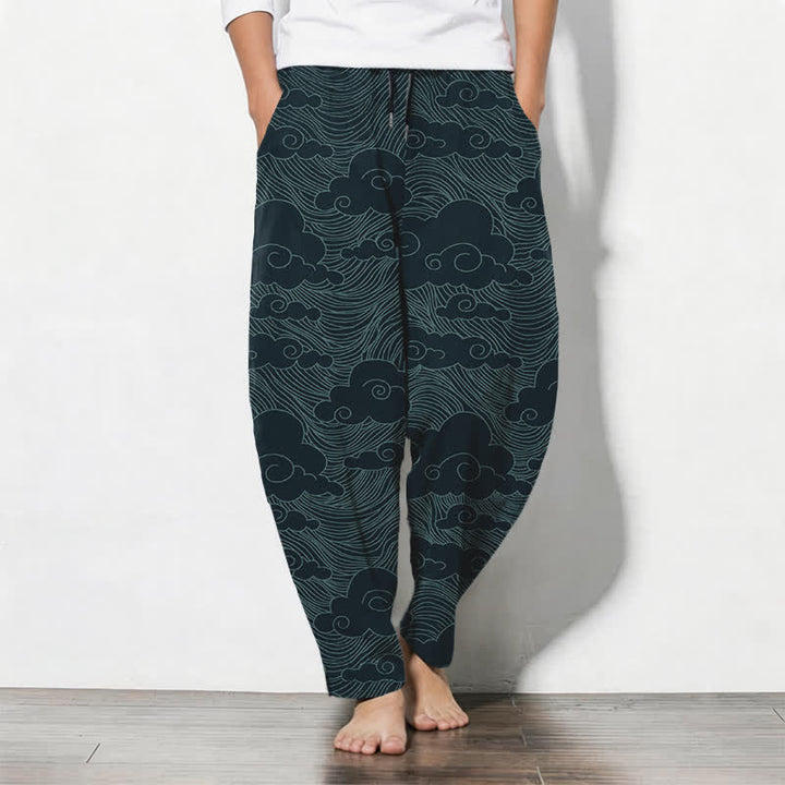 Buddha Stones Herrenhose aus reiner Baumwolle mit japanischem Wolkenwellenmuster, Kordelzug, schmal zulaufendem Schnitt und Taschen - Türkis - US/ UK/AU50, EU60 (5XL) - image 11