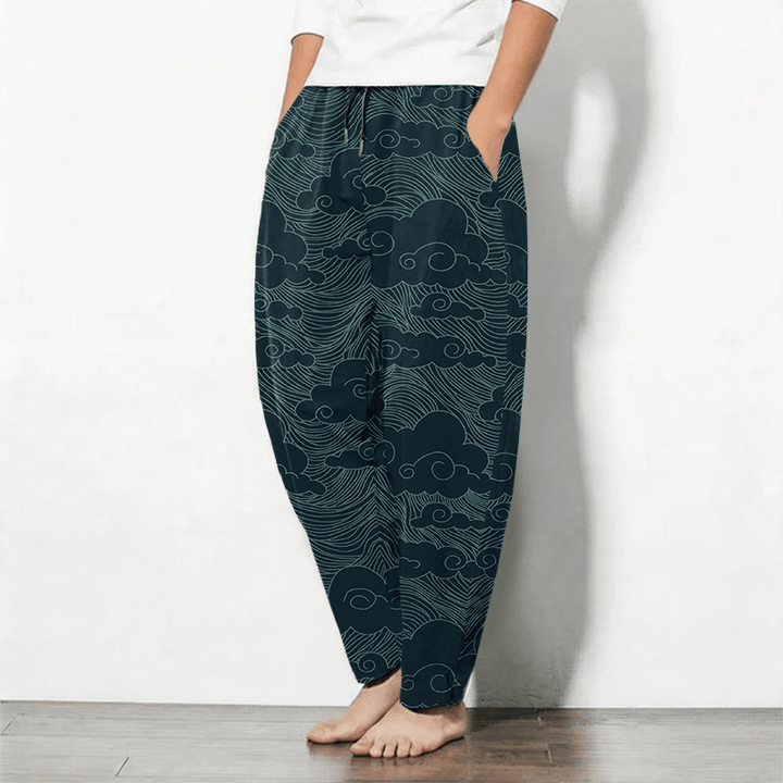 Buddha Stones Herrenhose aus reiner Baumwolle mit japanischem Wolkenwellenmuster, Kordelzug, schmal zulaufendem Schnitt und Taschen - image 12