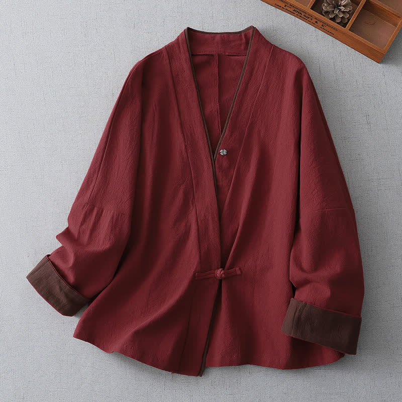Buddha Stones Vintage-Kimono im Tang-Stil mit Knotenknopfleiste, V-Ausschnitt und einfarbig, für Damen, ideal für Frühling und Herbst. - Feuerfestziegel - US8-10, UK/AU12-14, EU40-42 (2XL) - image 0