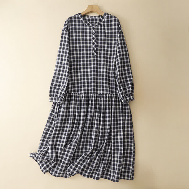 Buddha Stones Lässiges, frühlingshaftes Vintage-Kleid für Damen mit Knopfleiste, schwarz-weiß kariert, langen Ärmeln und Tasche - Schwarz - US12, UK/AU16, EU44 (2XL) - image 0