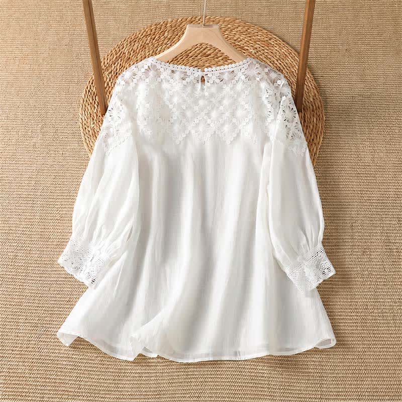 Buddha Stones Sommerliches, elegantes, lässiges Langarm-T-Shirt aus Spitze für Damen - image 7
