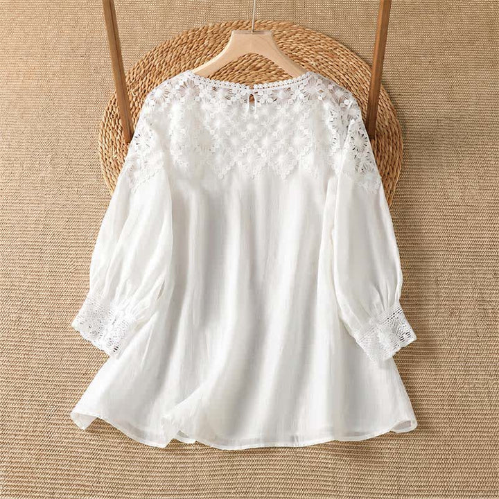 Buddha Stones Sommerliches, elegantes, lässiges Langarm-T-Shirt aus Spitze für Damen - image 7