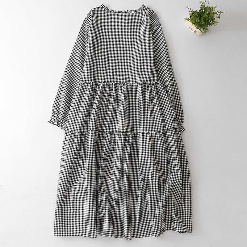 Buddha Stones Lässiges Vintage-Kleid für Damen mit Stufenkaromuster, langen Ärmeln und Tasche – perfekt für Frühling und Herbst. - image 1